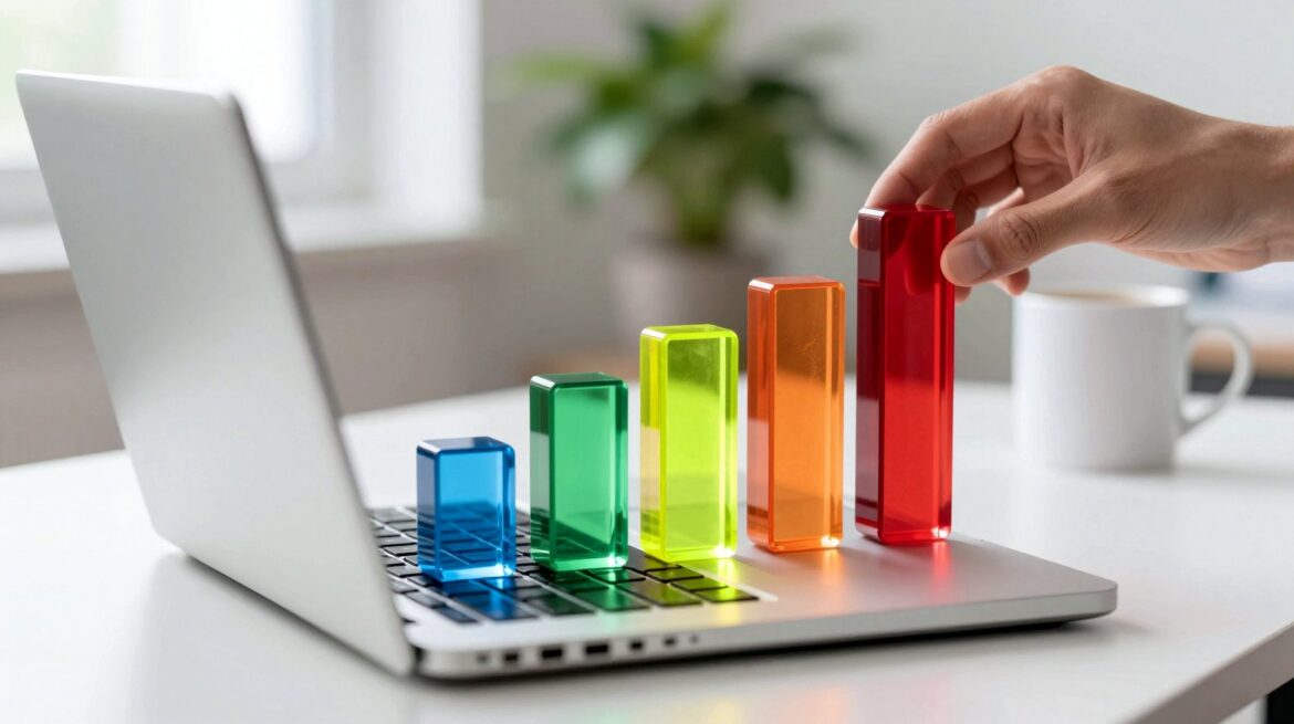 Hands placing a red brick on top of a colourful bar chart of blue, green, yellow and red blocks rising from a laptop on a bright white desk.
