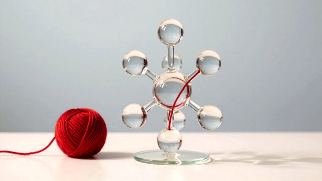 Una escultura de vidrio transparente de una red neuronal sobre una mesa blanca, con hilos rojos de un ovillo que entran en ella.