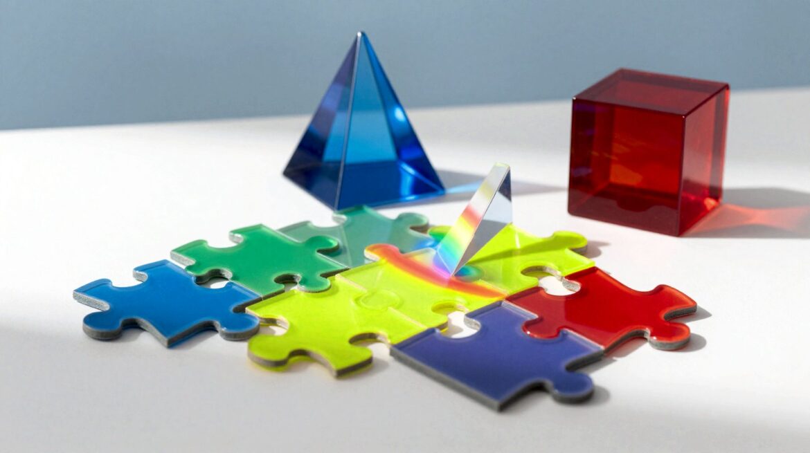 Colourful red, blue, green and yellow puzzle pieces and a glass prism splitting light into a rainbow on a white desk, next to a phone showing a glowing abstract shape.