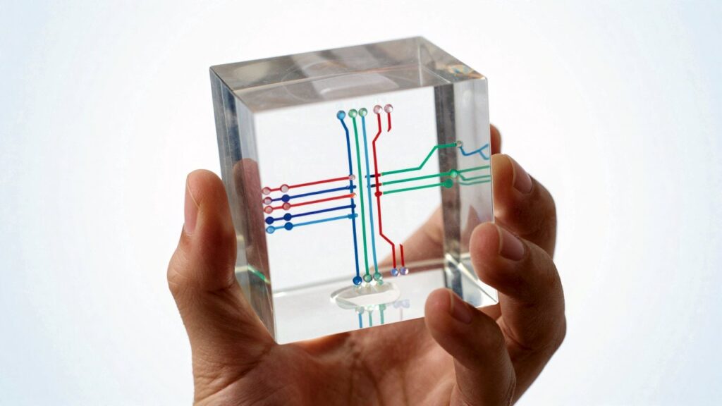 A hand turns a clear glass cube with red, blue and green light paths branching inside it like the logic gates of a chip.