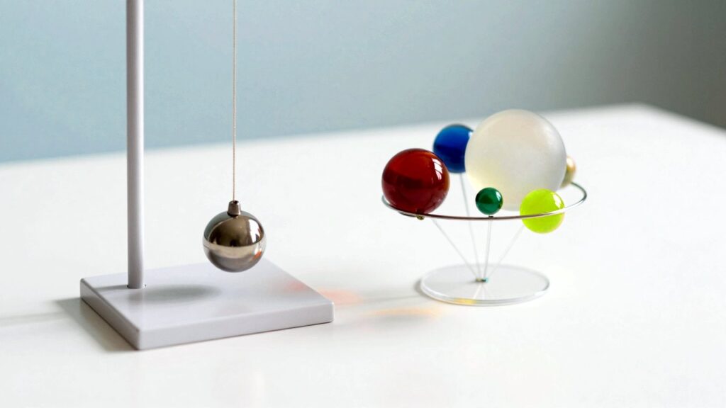 Un péndulo de acero junto a una pequeña maqueta de planetas de cristal rojo, azul, verde y amarillo alrededor de un sol de cristal esmerilado sobre una mesa blanca.