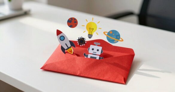 Red envelope with paper rocket, robot, chip, planets and a light bulb popping out